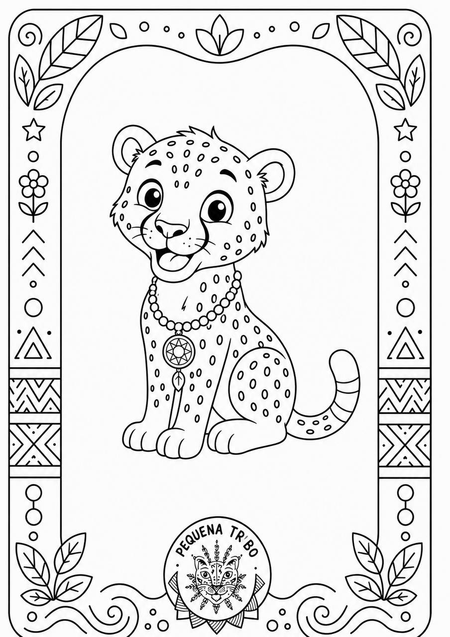 Desenho para colorir: um filhote de chita sentado com colar, numa moldura decorativa com estrelas e folhas