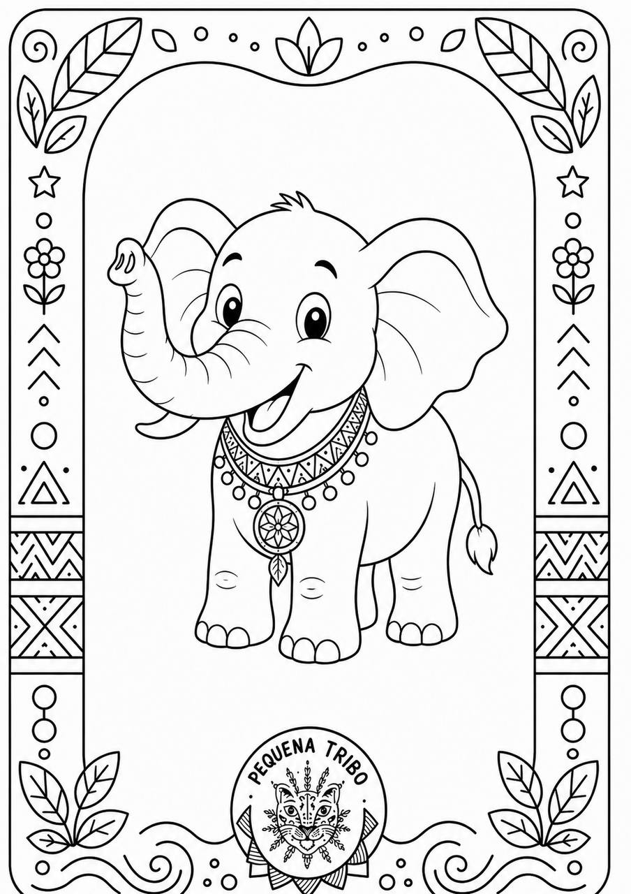 Desenho para colorir: um elefantinho de corpo inteiro com colar, numa moldura decorativa com estrelas e folhas