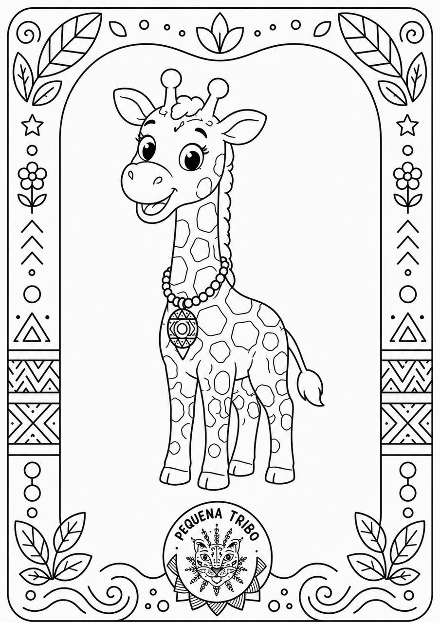 Desenho para colorir: uma girafinha de corpo inteiro com colar, numa moldura decorativa com estrelas e folhas
