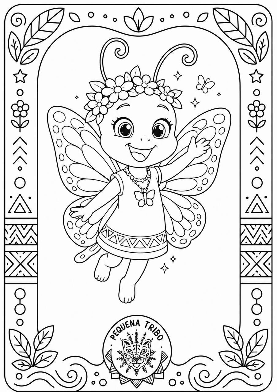 Desenho para colorir: Iara Borboleta, a mascote guardiã da transformação, com asas abertas e uma coroa de flores, numa moldura decorativa com estrelas e folhas