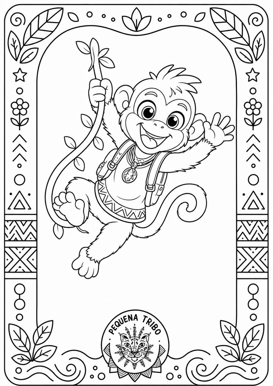 Desenho para colorir: Kapi Macaco, o mascote guardião das brincadeiras, balançando em um cipó, numa moldura decorativa com estrelas e folhas