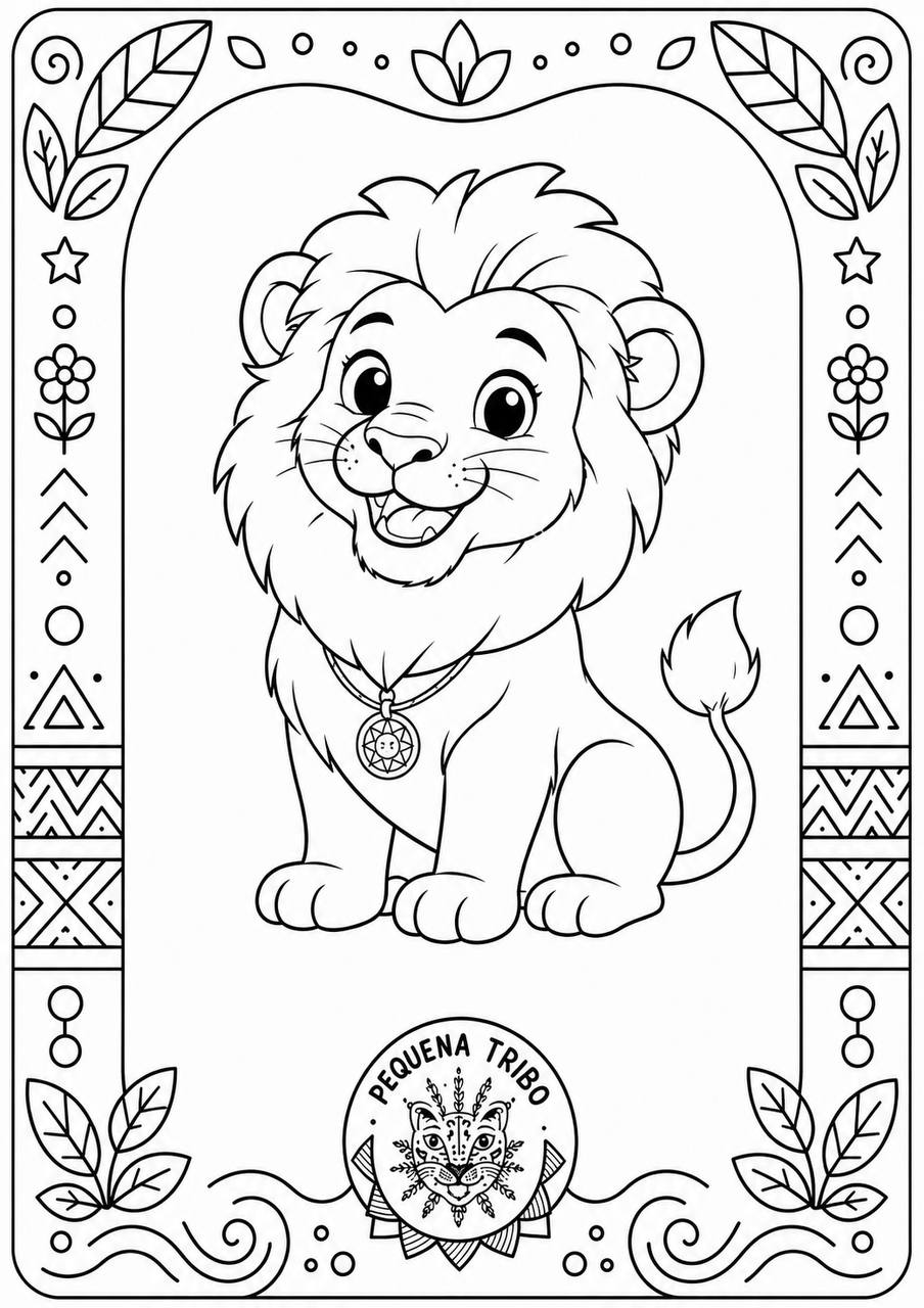 Desenho para colorir: um filhote de leão sentado com colar, numa moldura decorativa com estrelas e folhas
