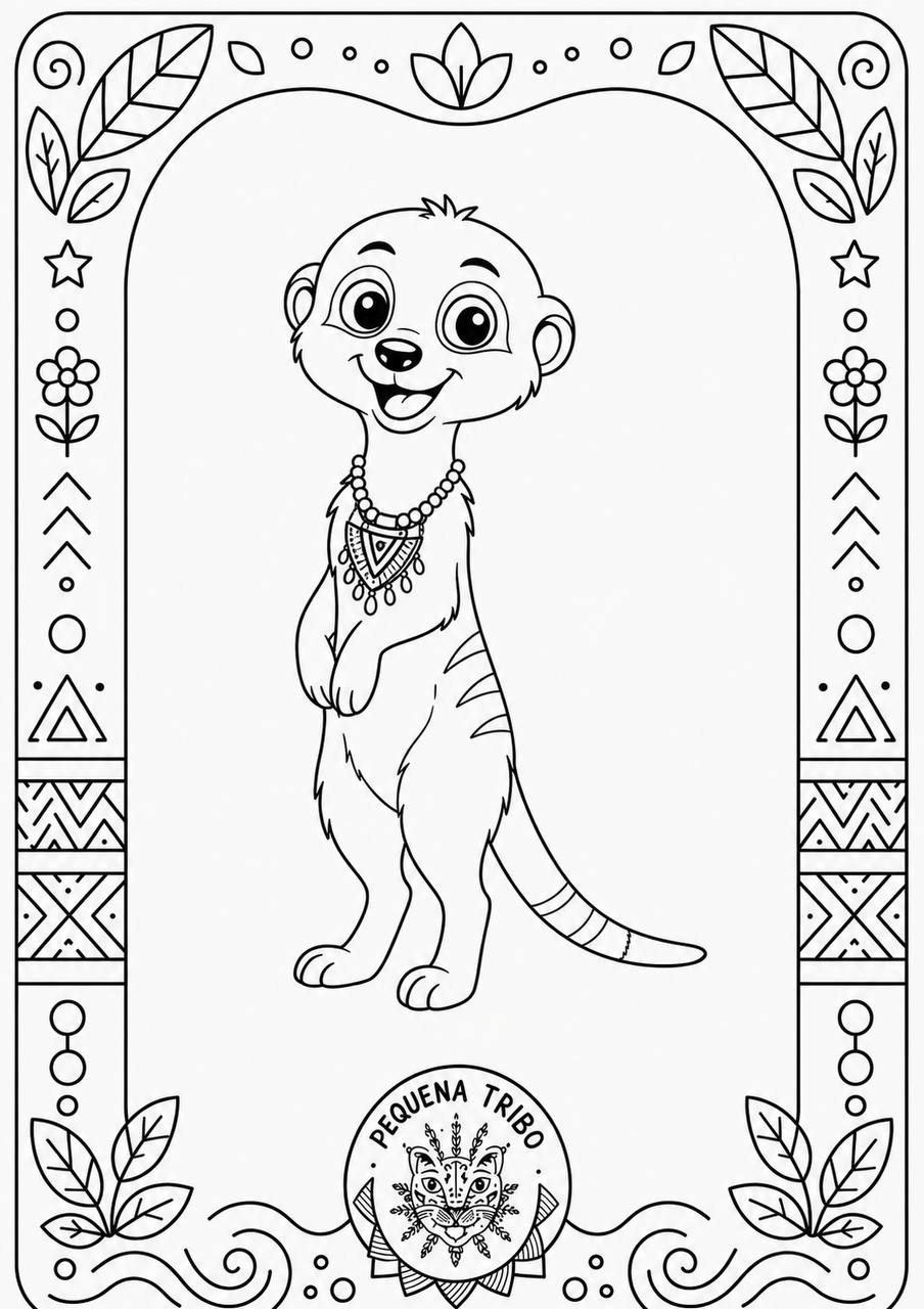 Desenho para colorir: um suricato de corpo inteiro, numa moldura decorativa com estrelas e folhas