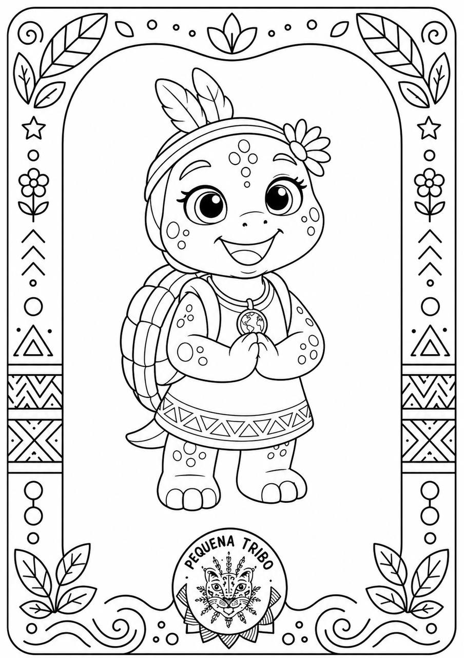 Desenho para colorir: Tainá Tartaruga, a mascote guardiã da atenção plena e da escuta, com as mãos em posição de gratidão, numa moldura decorativa com estrelas e folhas