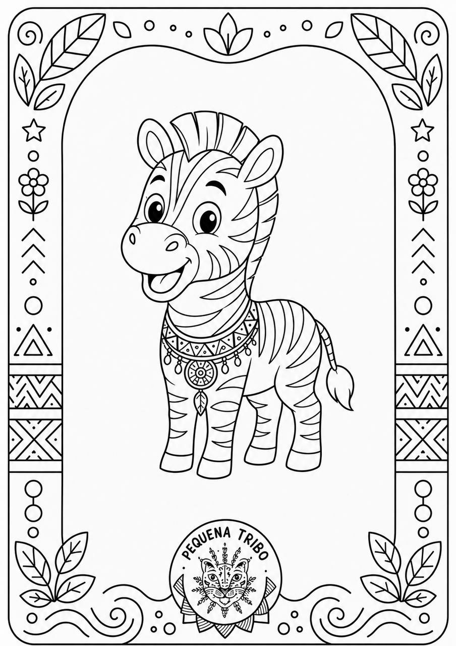 Desenho para colorir: uma zebrinha de corpo inteiro com colar, numa moldura decorativa com estrelas e folhas
