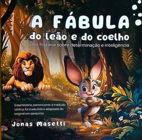 Capa do livro infantil A fábula do Leão e do Coelho — ilustração de um leão e um coelho em uma floresta